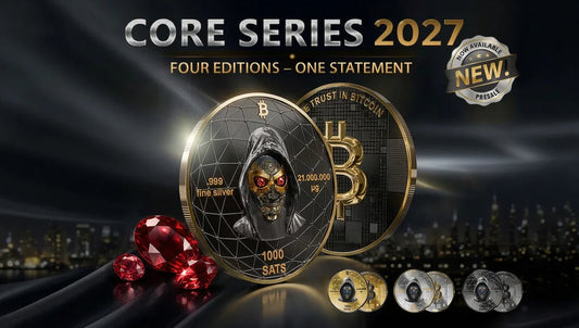 Core Serie 2027: Bitcoin-Münzmedaillen in verschiedenen Veredelungen auf dunklem Hintergrund mit roten Edelsteinen.